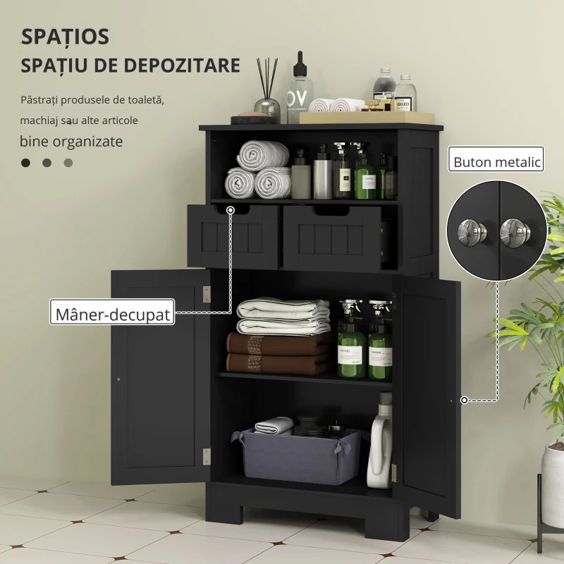 kleankin Mobilier Baie Multi-rangamente Mare Niche 2 sertare Dulap Ușă Dublă cu raft Negru
