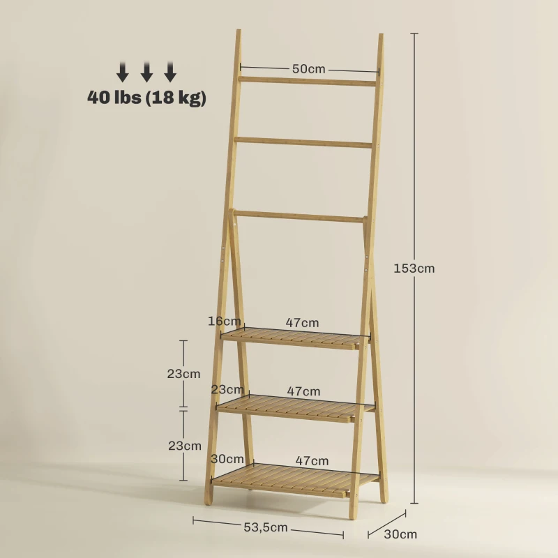 HOMCOM Scaffale Bagno 3 Ripiani con Porta Asciugamani a 3 Barre, Autoportante e Pieghevole in Legno di Bambù