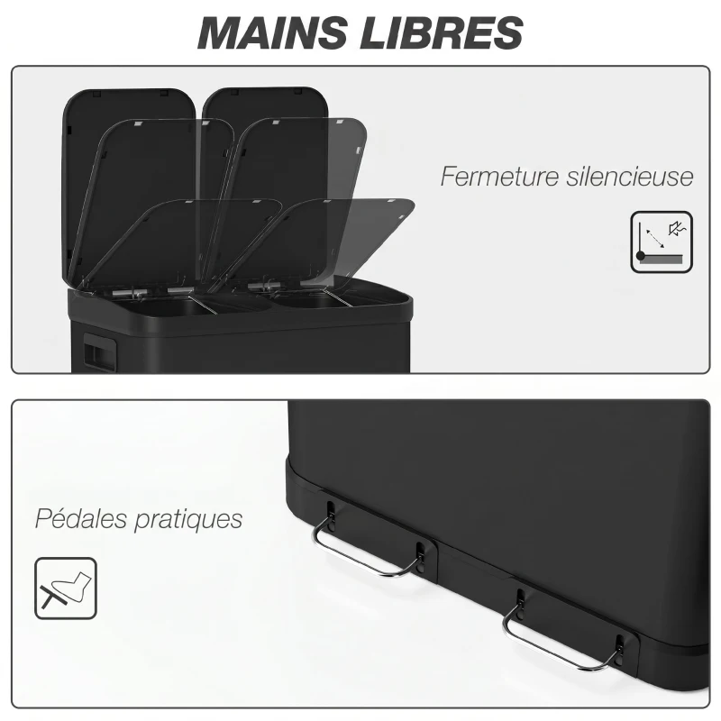 HOMCOM Poubelle de cuisine à double compartiment 2 x 30L avec pédale en acier inoxydable, couvercle à fermeture douce, noir