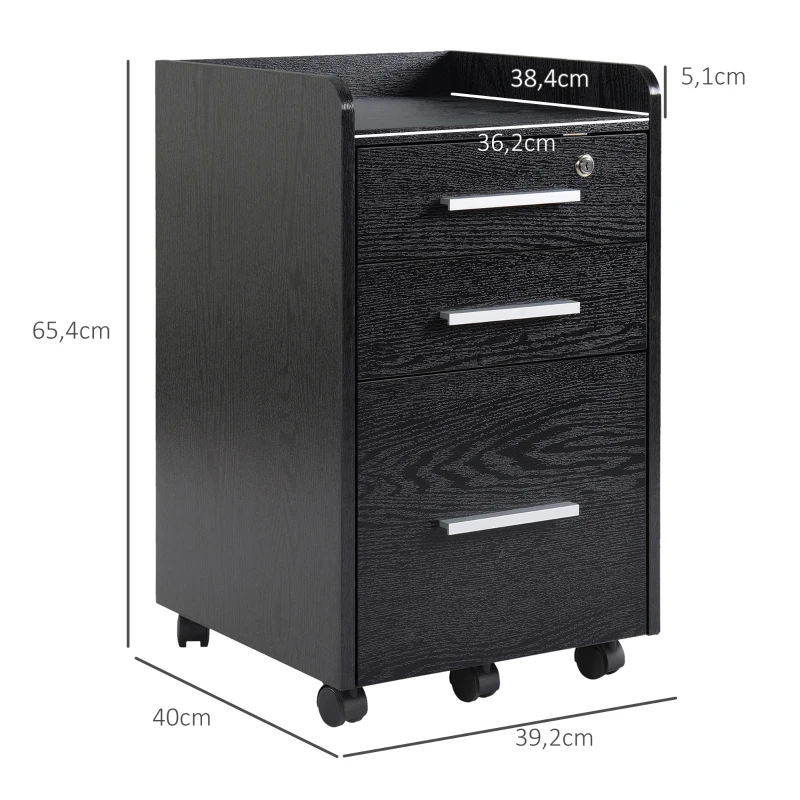 HOMCOM Cassettiera Portadocumenti in Legno a 3 Cassetti con Chiavi di Sicurezza e 5 Ruote, 39.2x40x65.4 cm, Nero