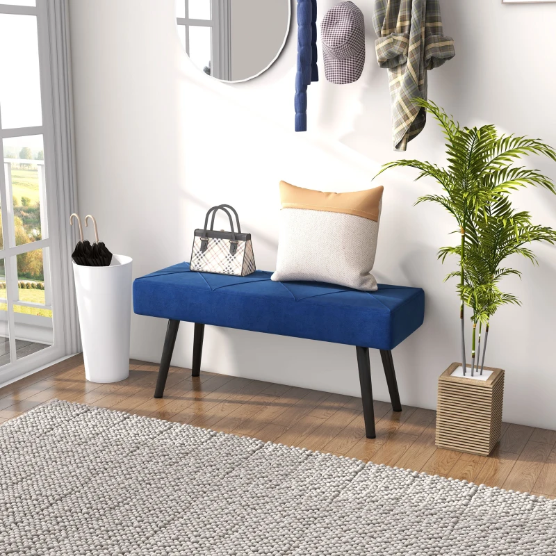 HOMCOM Taburete Pie de Cama Multifuncional con Pies de Acero y Asiento Acolchado para Entrada Pasillo 100x36x45 cm Azul Oscuro