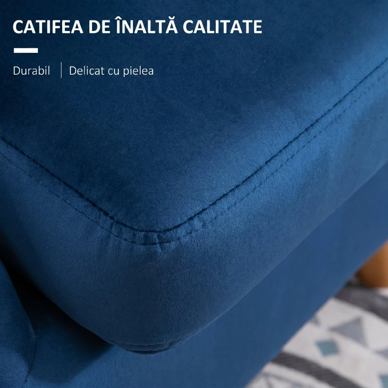 HOMCOM Fotoliu Living Tapițat cu Velur și Perna Groasă, Picioare din Lemn de Cauciuc și Brațe, Albastru