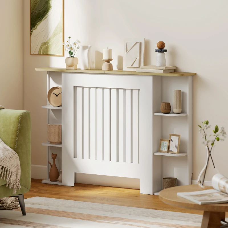 HOMCOM Cache-radiateur avec étagères de rangement ouvertes, couvercle de radiateur en bois à lattes, 124x19x83cm, blanc