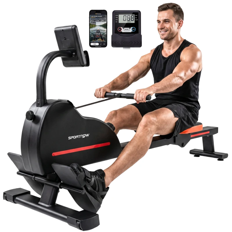 SPORTNOW Rameur Magnétique Appareil de Musculation Bluetooth Connecté Kinomap & Zwift 16 Niveaux de Résistance 135x42x72cm Rouge