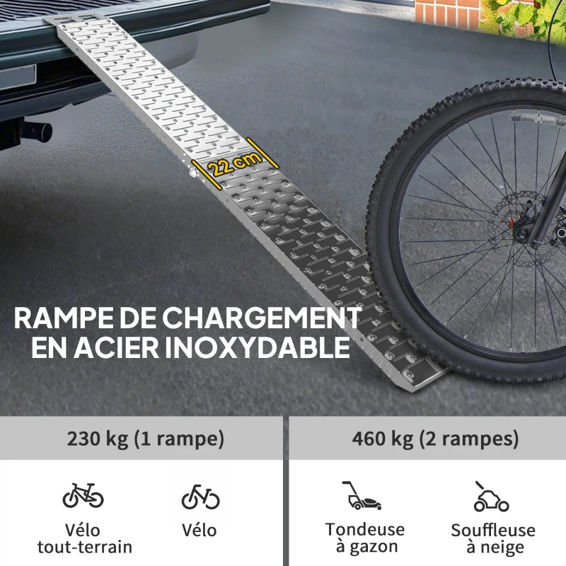 HOMCOM Rampe de chargement pliable 230 kg, rampe d'accès motos en acier galvanisé sangles de sécurité, 190 x 22 x 8 cm, argent