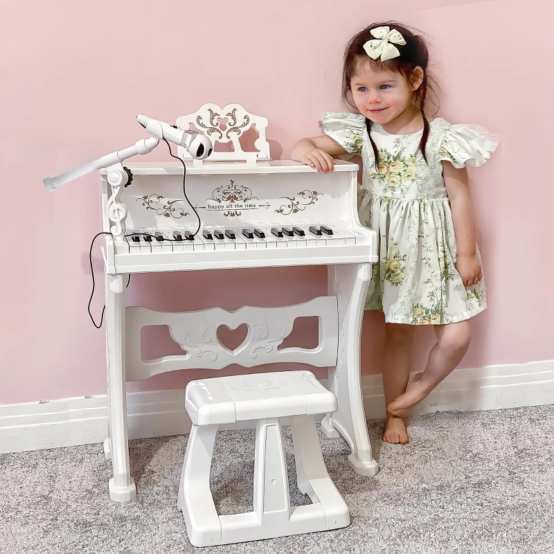 HOMCOM Piano Electrónico Infantil de 37 Teclas Juego de Piano con Modelo Pedagógico Micrófono Taburete Luces y 22 Canciones USB/MP3/Bluetooth Karaoke 53,5x27x63 cm Blanco