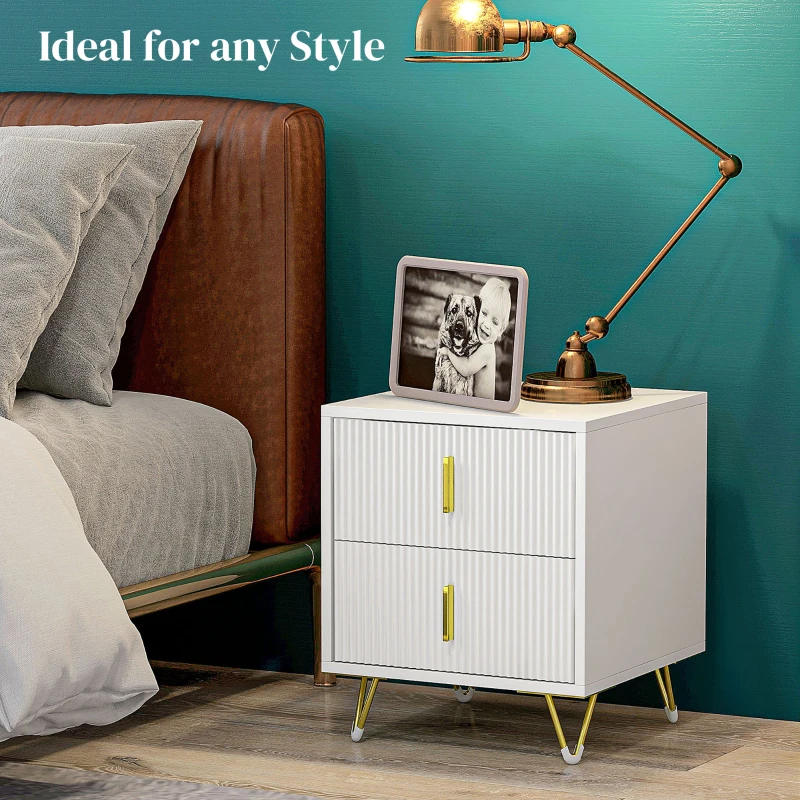 HOMCOM Bedside Table with 2 Drawers, Side End Table, Nightstand with Metal Frame for Living Room, Bedroom, White