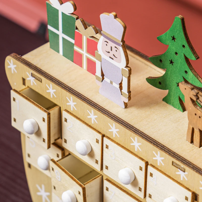 HOMCOM Calendario de Adviento de Madera con 24 Cajones Calendario de Navidad Reutilizable para Rellenar 22,5x8x36 cm Natural