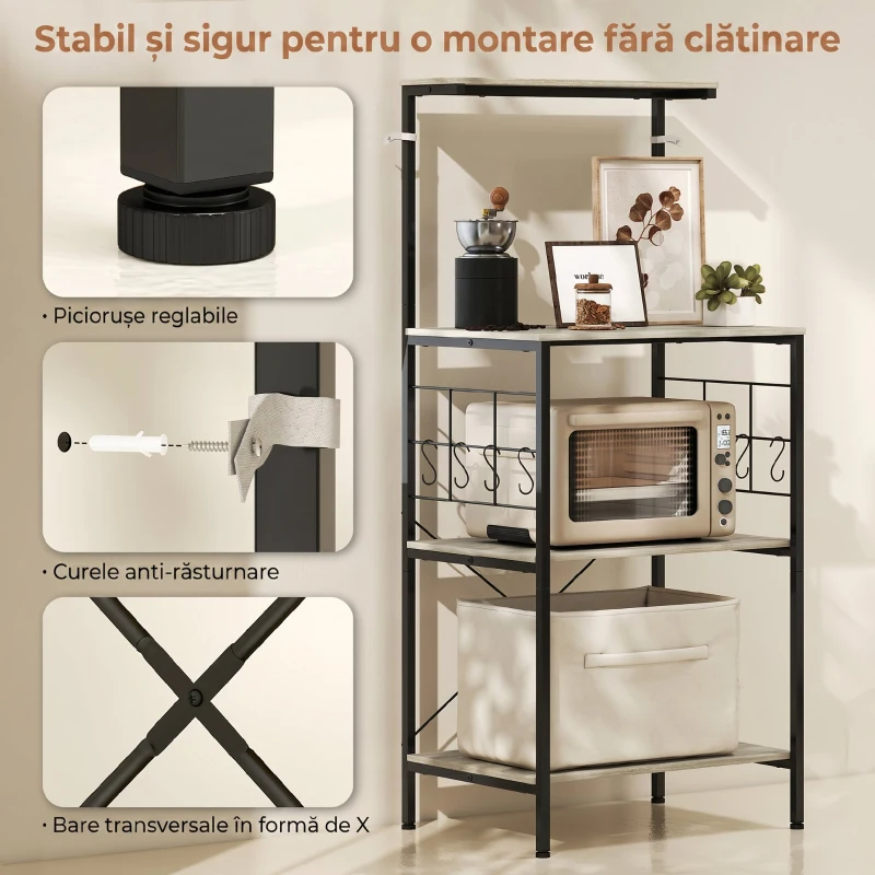 HOMCOM Raft Bucătărie 4 Nivele cu Panouri de Plasă și 8 Cârlige Stil Industrial, 60x42x134.5 cm, Stejar