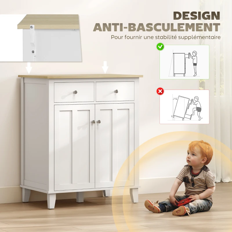 HOMCOM Buffet de cuisine meuble de rangement pour chambre, salon bureau avec 2 portes 2 tiroirs 76 x 48 x 91 cm blanc