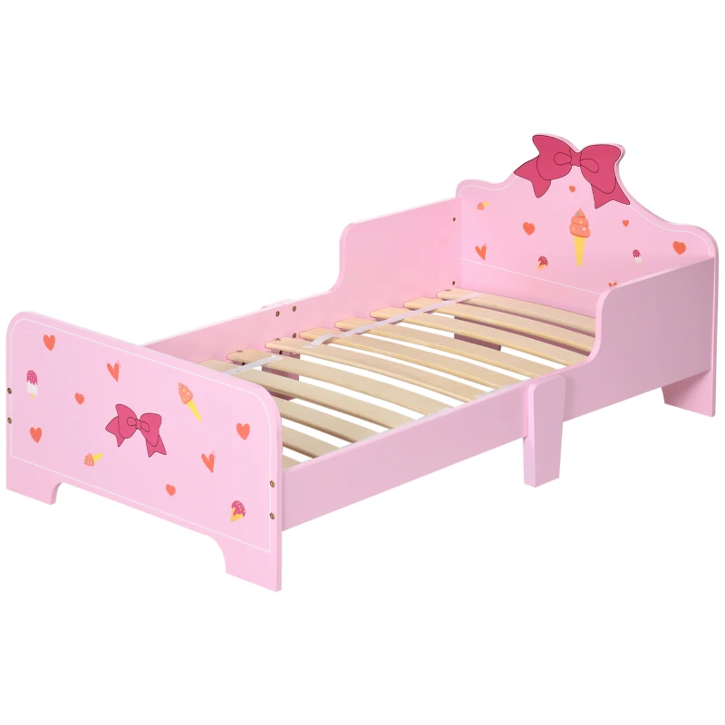 ZONEKIZ Letto per Bambini con Sponde e Fantasia a Fiocchi e Cuori, Età 3-6 Anni, 143x74x59cm, Rosa