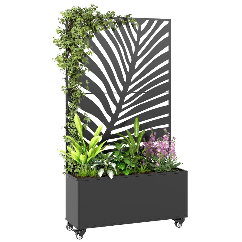 Outsunny Jardinière avec treillis, bac à fleurs, avec brise-vue et roulettes verrouillables, métal, 90 x 30 x 160 cm, noir