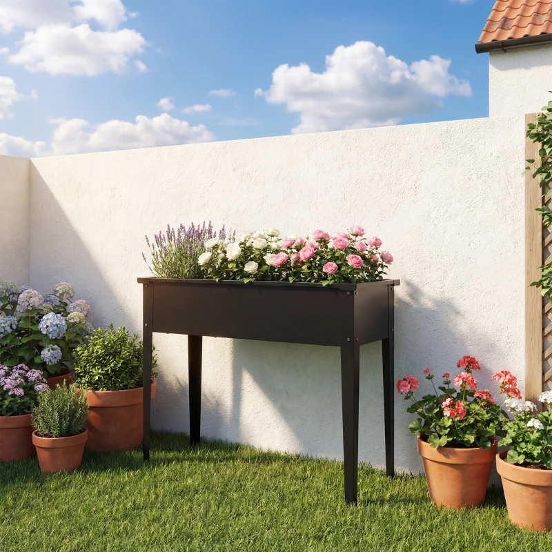 Outsunny Potager sur Pieds en Métal, Jardinière Surélevée 80L avec bords arrondis, Trou de Drainage, 100 x 40 x 80 cm, Noir