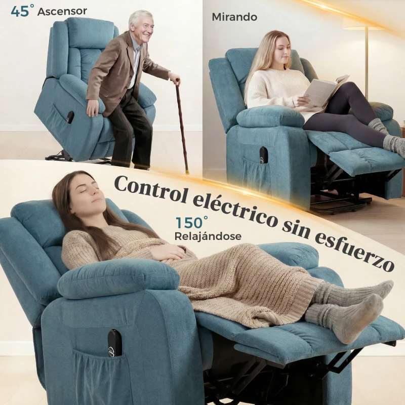 HOMCOM Sillón Relax Reclinable Eléctrico Levanta Personas con Mando a Distancia y Bolsillos Laterales Sillón Elevador Azul