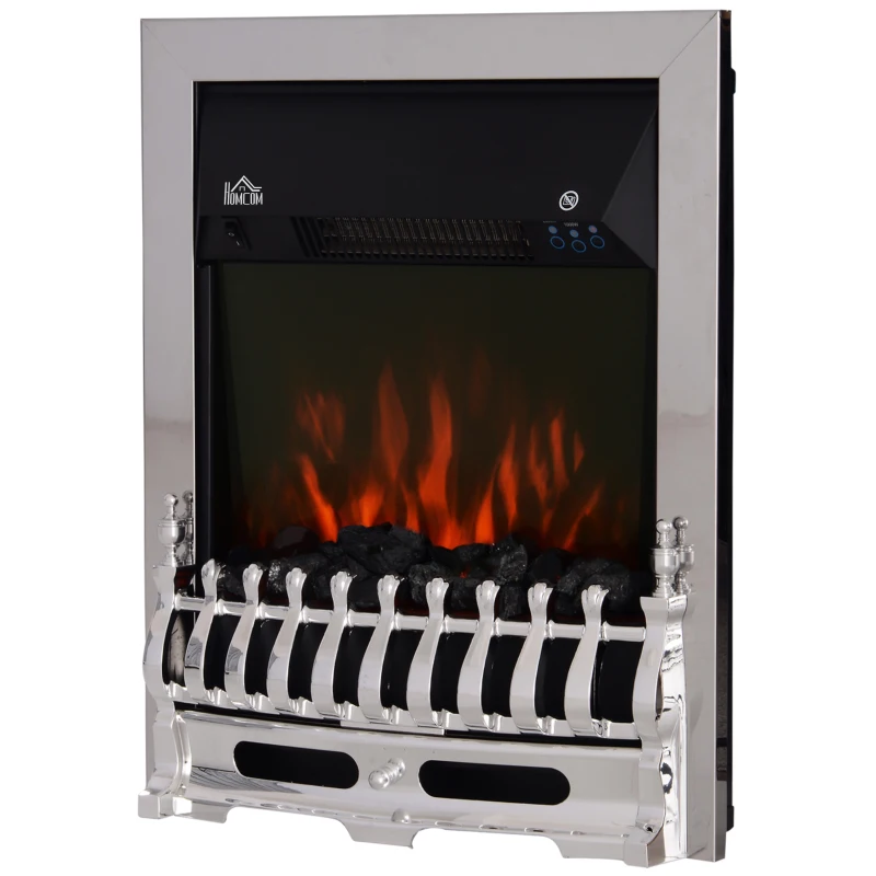 HOMCOM Contemporary Electric Fireplace Coal Burning Flame Effect Inset Fire Place Space Heater Glass View LED Lighting with Remote Control, 1000W/2000W, Silver