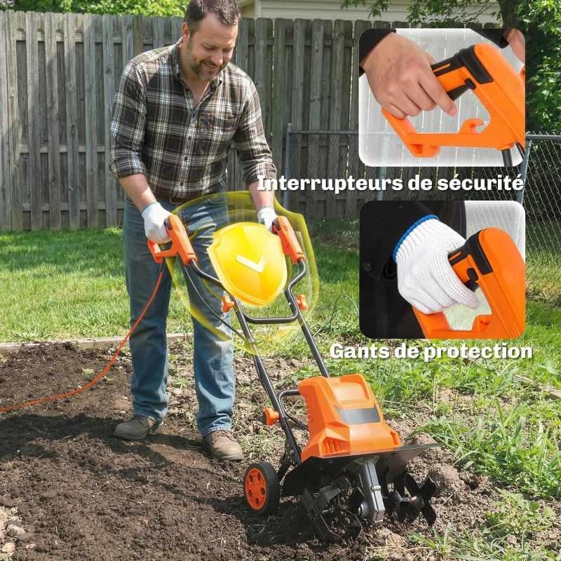 Outsunny Motobineuse Électrique Motoculteur 1500W 6 Lames 65Mn Largeur 40cm Profondeur 20cm Pliable et Étanche IPX4 Orange