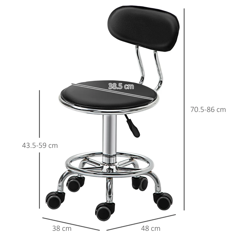 HOMCOM Sgabello per Estetista con 5 Rotelle, Schienale Curvo e Altezza Regolabile, 38x48x70.5-86 cm, Nero