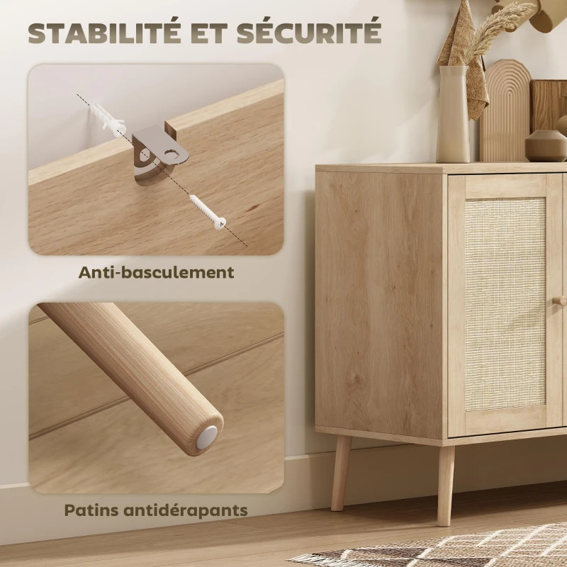 HOMCOM Buffet salon meuble de rangement placards à portes en cannage et étagère réglable 140 x 40 x 75 cm effet bois naturel