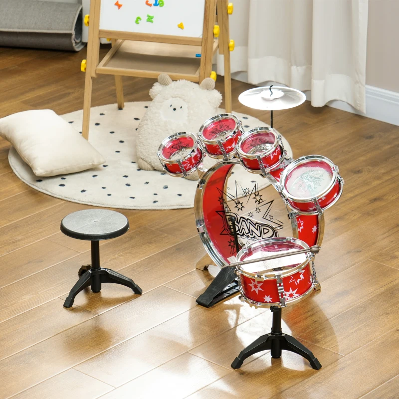 AIYAPLAY Batería para Niños de +3 Años con Tambores Bombo Platillo Pedal y Baquetas Diseño con Tema de Estrellas 65x22x57 cm Rojo