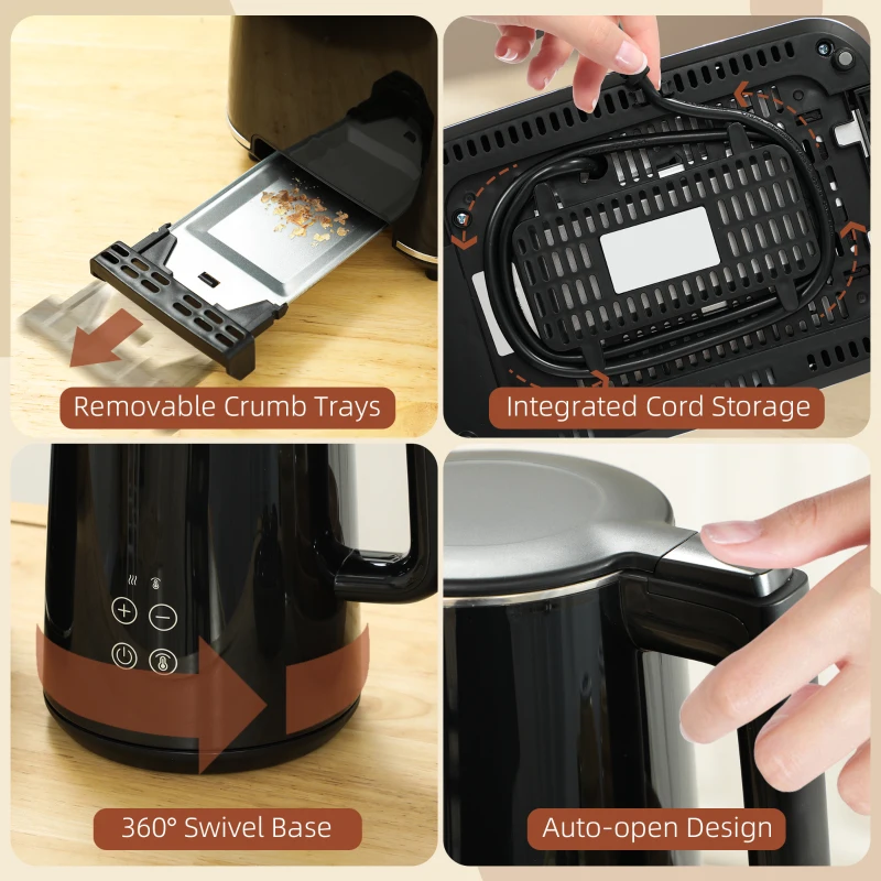 HOMCOM Stainless Steel Kettle and Toaster Set, 1.5L 3000W Fast Boil Kettle with Insulation & 2 Slice Toaster Kitchen Set with 7 Level Browning Controls, Defrost, Reheat and Crumb Tray, Black