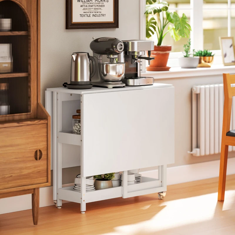 HOMCOM Table à manger pliante sur roulettes 4 personnes avec compartiments ouverts, pour petits espaces, salle à manger, blanc