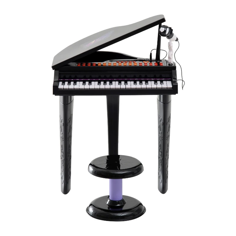HOMCOM Piano Infantil 37 Teclas Teclado Electrónico Juego de Piano con Micrófono Taburete Luces y 22 Canciones USB/MP3 Karaoke Modo de Enseñanza Negro