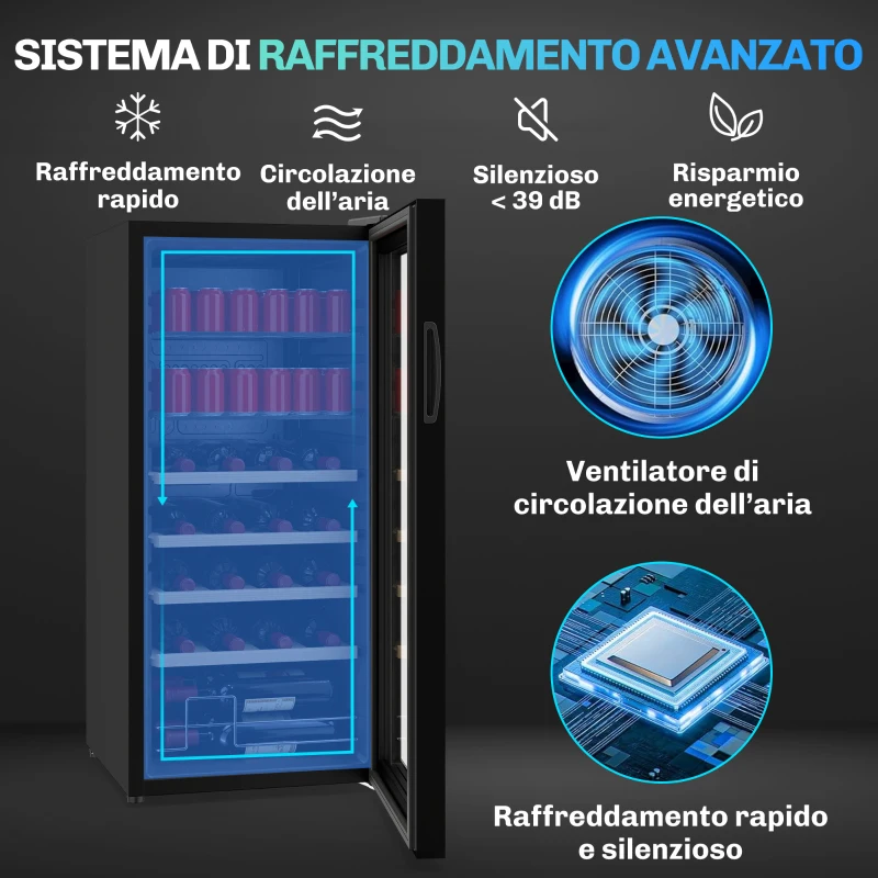 HOMCOM Cantinetta Frigo per Vino da 92L con Ripiani Regolabili per 20 Bottiglie e 50 Lattine, 43x45x94 cm, Nero