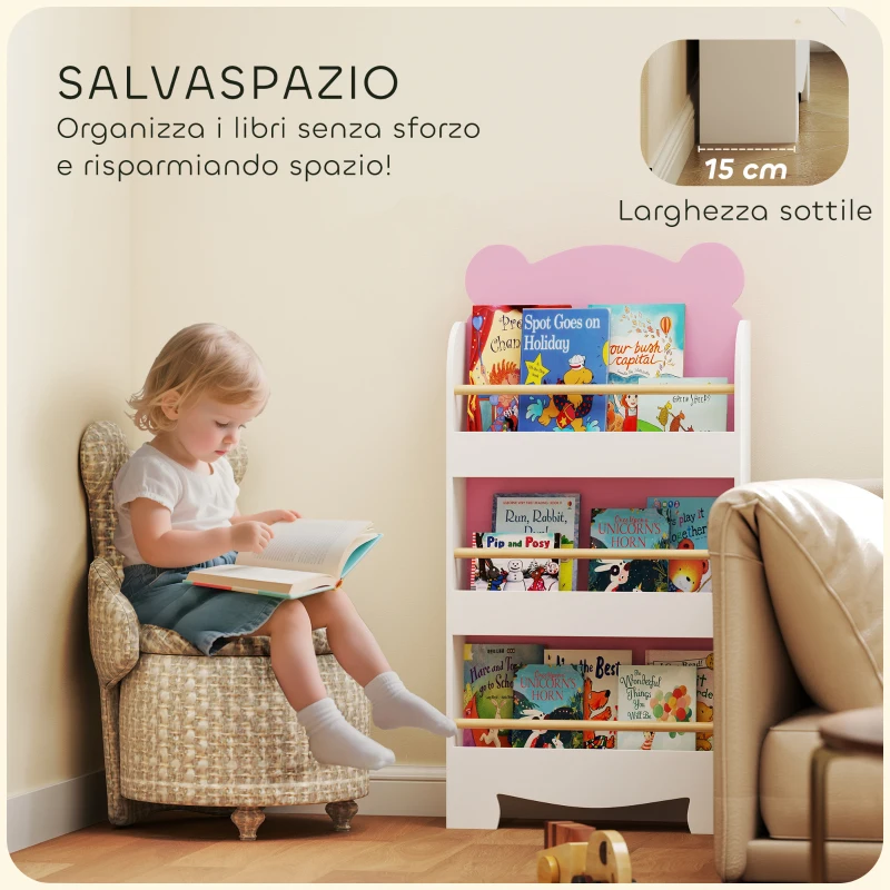 AIYAPLAY Libreria per Bambini con 3 Ripiani a Forma di Orsetto con Barriere Frontali, 55x15x110 cm, Rosa