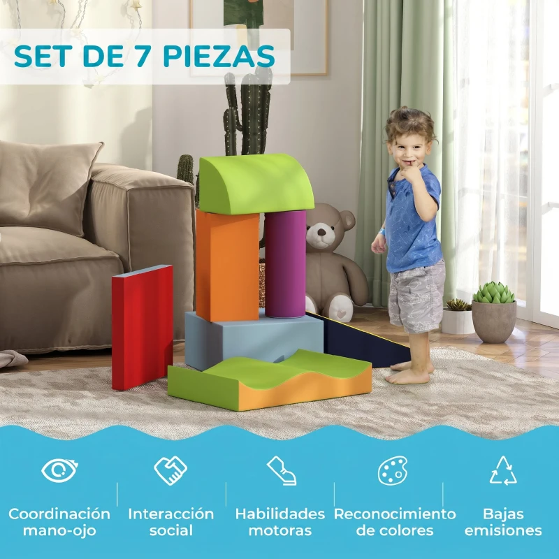 HOMCOM Juego de 7 Bloques de Espuma para Niños 1-3 Años Bloques Psicomotricidad Juguetes de Construcción 60x40x11 cm Multicolor