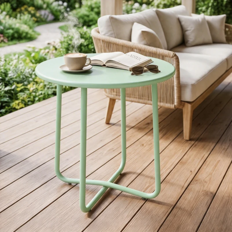 Outsunny Table Basse Extérieure avec Bord Enroulé, Base en X avec Pieds Réglables en Hauteur, pour Salon Terrasse, Ø48x51cm, Vert