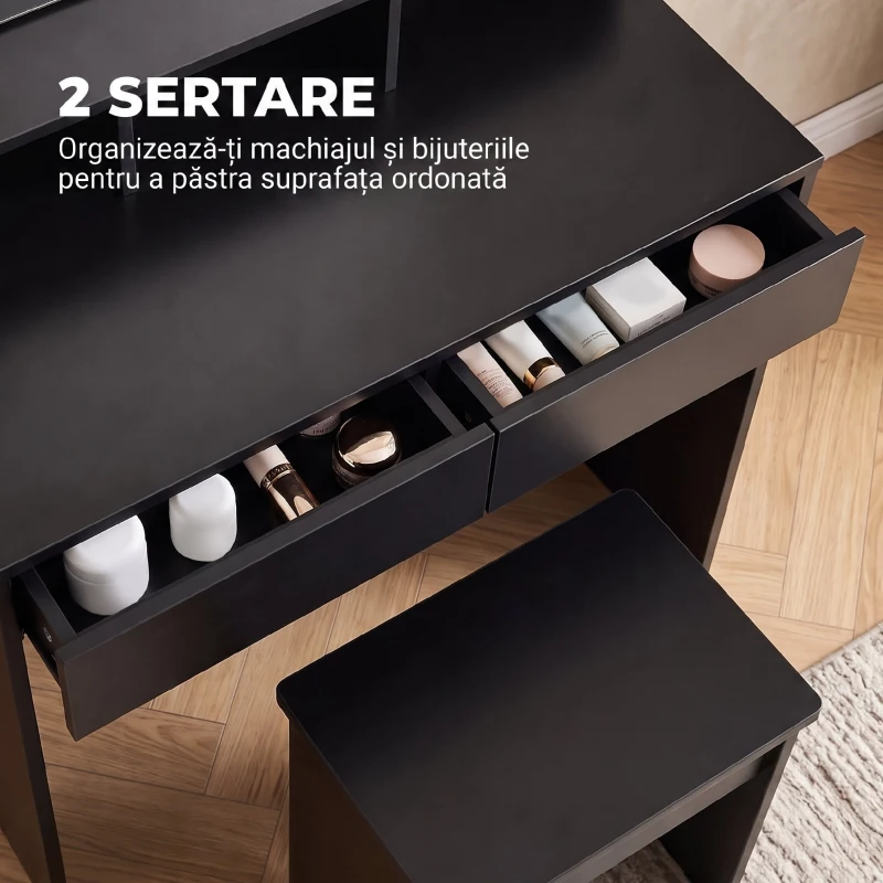 HOMCOM Masă de Toaletă cu Oglindă, 3 Rafturi, 2 Sertare, 75x38x135 cm, Negru