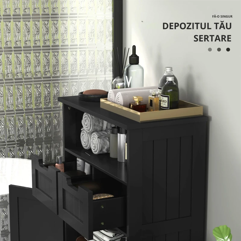 kleankin Mobilier Baie Multi-rangamente Mare Niche 2 sertare Dulap Ușă Dublă cu raft Negru