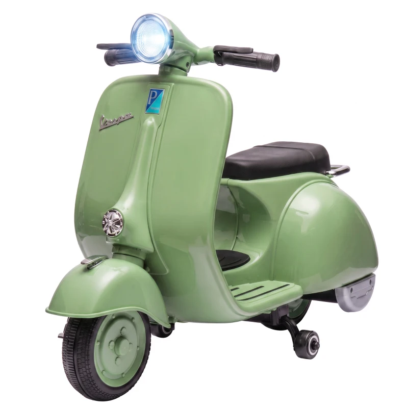 AIYAPLAY Moto Eléctrica para Niños Licencia VESPA Arranque Suave Ruedines Desmontables Luz Delantera Música, Bocina USB Verde