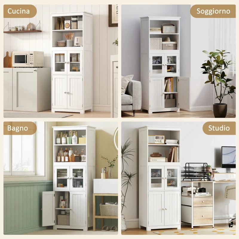HOMCOM Mobile Dispensa con 2 Ripiani Aperti e 2 Armadietti con Ante, in MDF e Vetro, 60x30x162 cm, Bianco