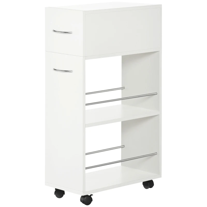HOMCOM Carrito de Cocina Verdulero con 1 Cajón y 2 Estantes Abiertos Carro Auxiliar con Ruedas 25x50x85 cm Blanco