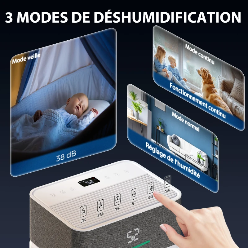 HOMCOM Déshumidificateur d'air 20 L/jour, déshumidificateur silencieux, réservoir d'eau 4,5 L, 30,5x23,5x49,5cm, blanc
