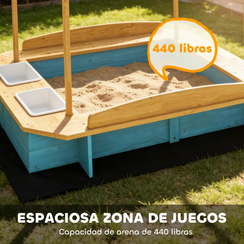 AIYAPLAY Arenero para Niños de Madera con Techo 3 Bancos 2 Cajas de PP Forro para Niños de 3-6 Años 128x118x121 cm Azul
