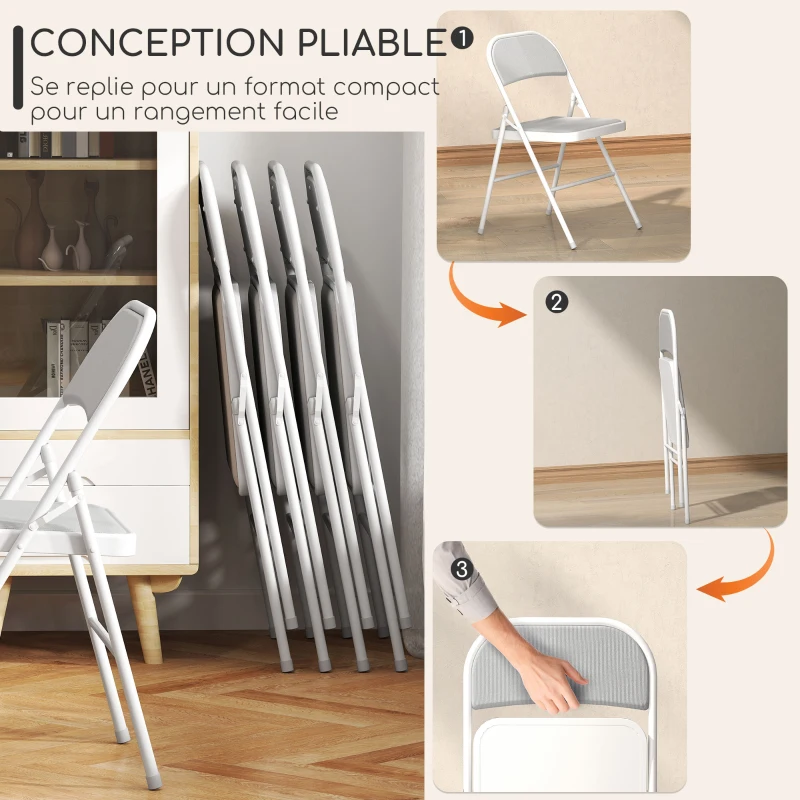 HOMCOM Lot de 4 chaises pliantes chaises de salle à manger portables cadre en acier 45 x 46 x 78 cm blanc