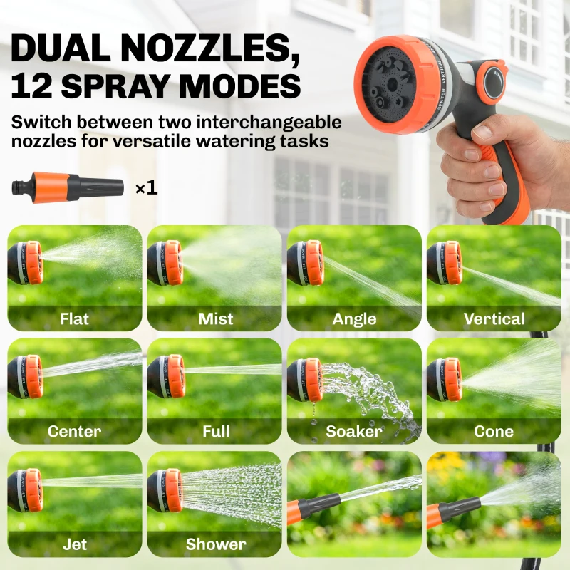 Outsunny 28+2m Retractable Hose Reel Wall Mounted with Auto Retraction, Self-Locking, Slow Return System, 12-Pattern Nozzles