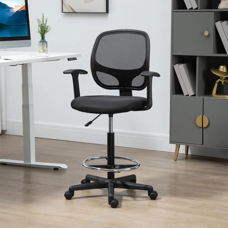Vinsetto Chaise bureau ergonomique, chaise de dessin, repose-pieds, dossier en maille, hauteur réglable, 64x57x110-132cm, noir