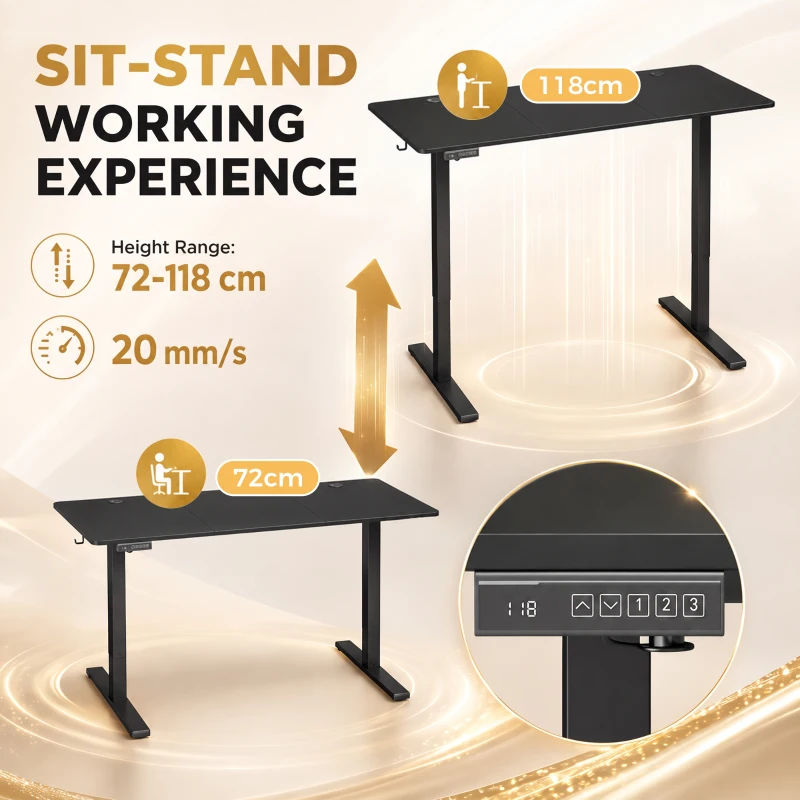 HOMCOM Standing Desk Memory Control Height Adjustable Desk 2 Cable Holes LED Display Sit Stand Desk Black