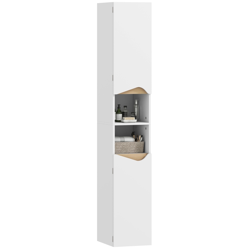 HOMCOM Meuble colonne salle de bain étroit, 2 portes, compartiments ouverts, étagères réglables, 30 x 34,6 x 180,5 cm, blanc