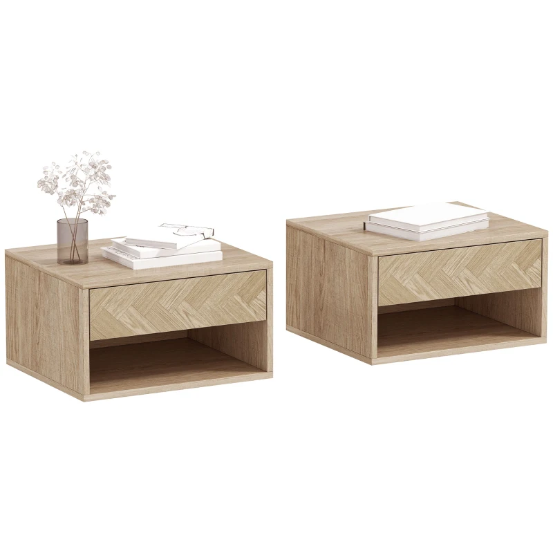 HOMCOM Set de 2 noptiere suspendate moderne cu sertar și spațiu deschis, 37x32x21 cm, lemn natural