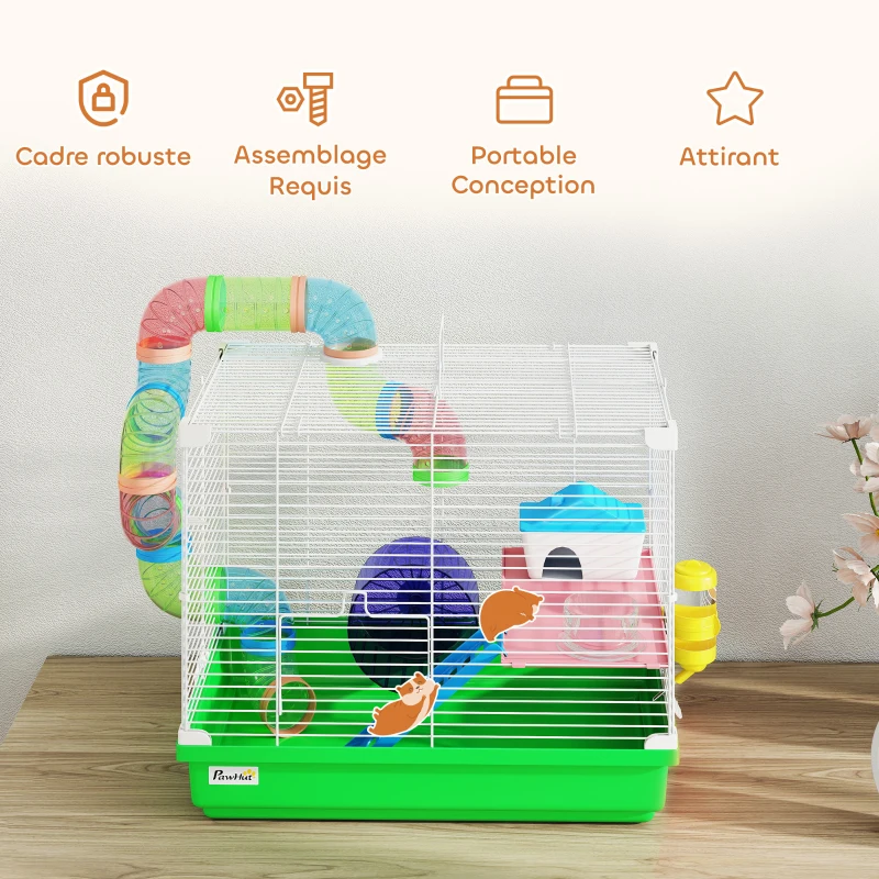 PawHut Cage à hamster rongeur 2 niveaux avec tunnel, biberon eau, roue, maisonnette, échelles 46 x 30 x 37 cm vert