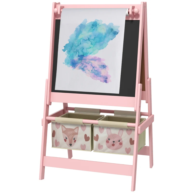 AIYAPLAY Caballete Infantil 3 en 1 Caballete para Niños de Doble Cara con Rollo de Papel Pizarras y 2 Cestas 54x46,5x93 cm Rosa