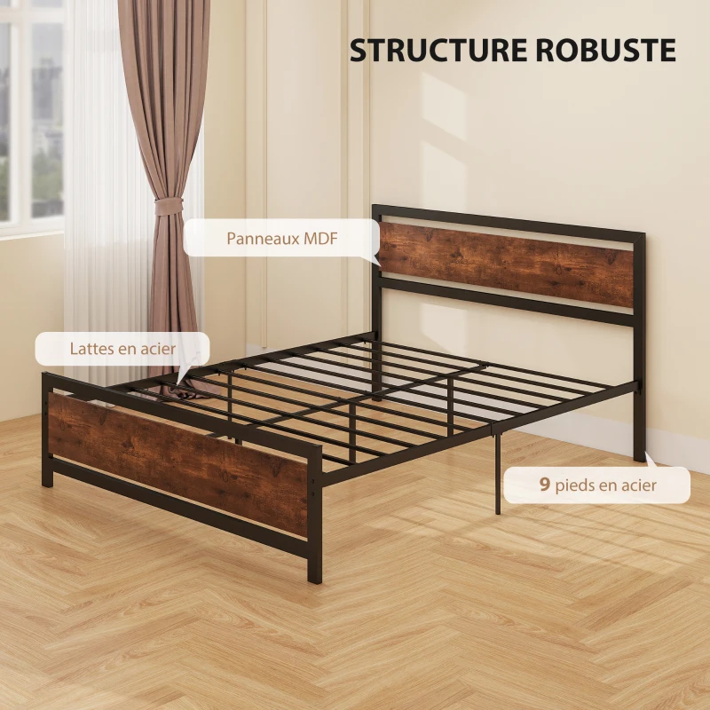 HOMCOM Cadre de lit double 200 x 160 cm en acier avec sommier et tête de lit compatible matelas aspect bois foncé