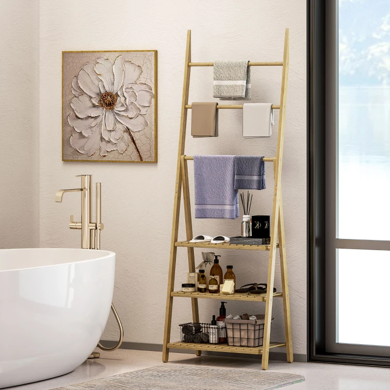HOMCOM Scaffale Bagno 3 Ripiani con Porta Asciugamani a 3 Barre, Autoportante e Pieghevole in Legno di Bambù