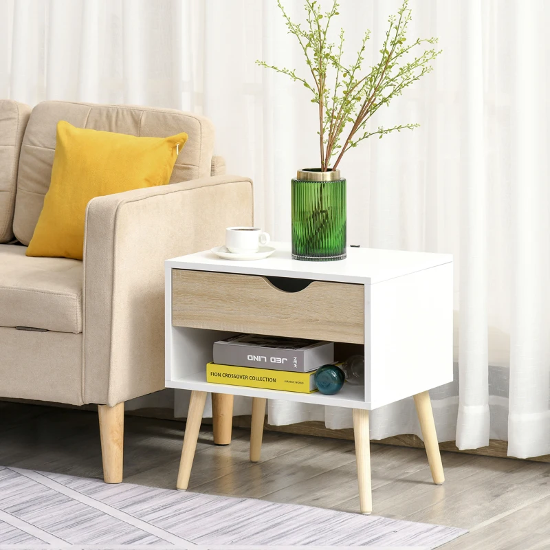 HOMCOM Table de chevet, table de nuit, avec tiroir, design moderne, pieds en bois massif, 50 x 39 x 51 cm, blanc et bois naturel