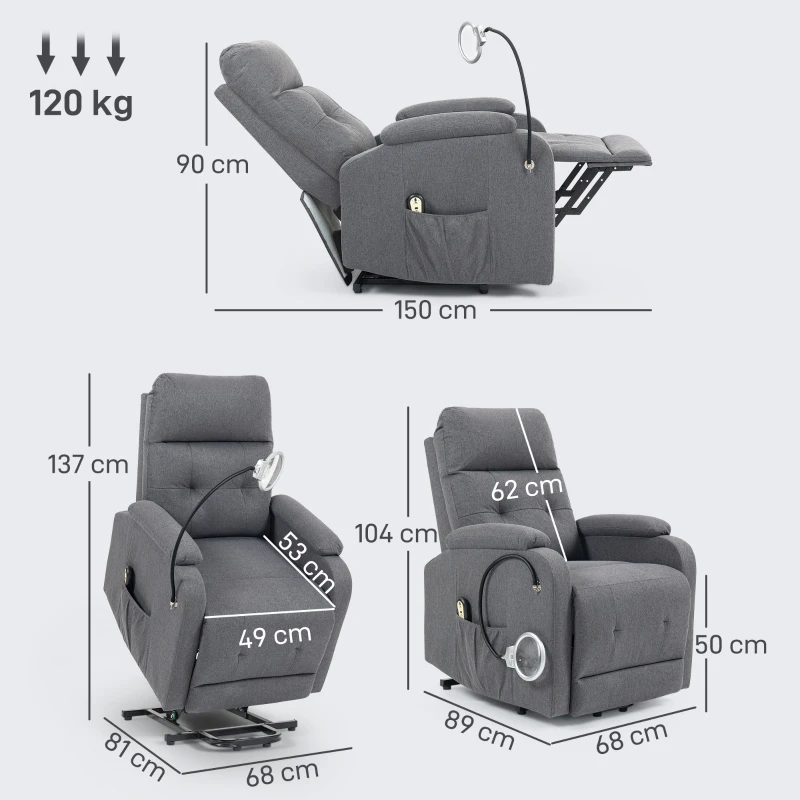 HOMCOM Electric Rise/Recline Armchair, with Reading Light - Grey