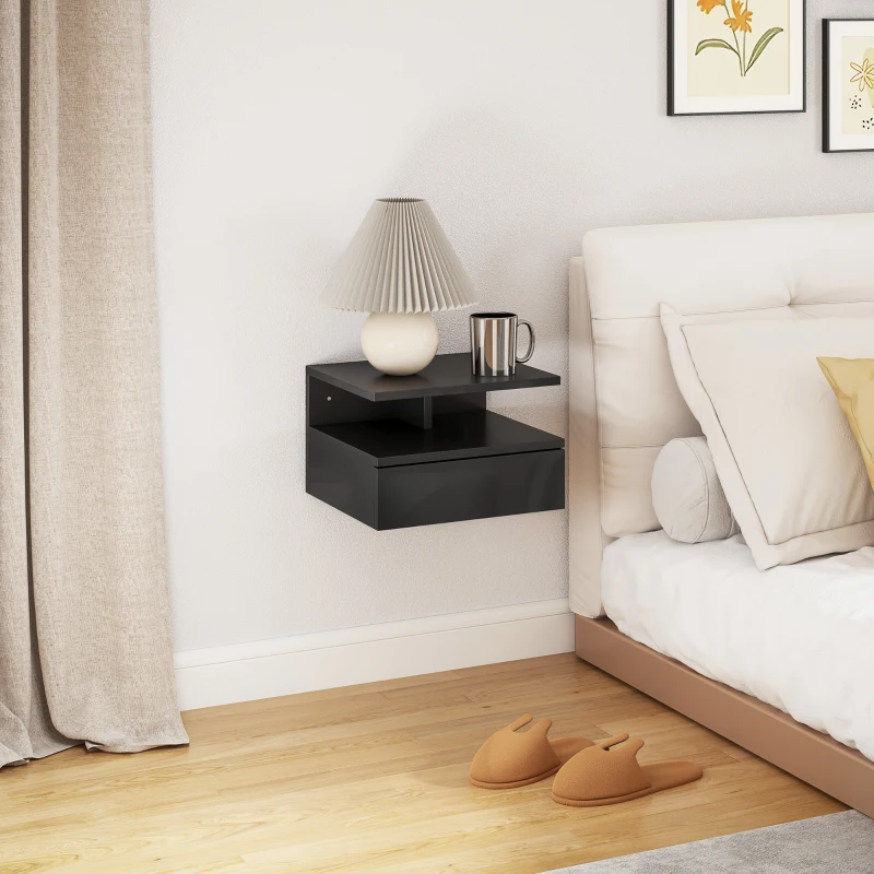 HOMCOM Comodino Sospeso per Camera da Letto con Cassetto e Ripiano Aperto in Legno, 35x32x22.5 cm, Nero Lucido